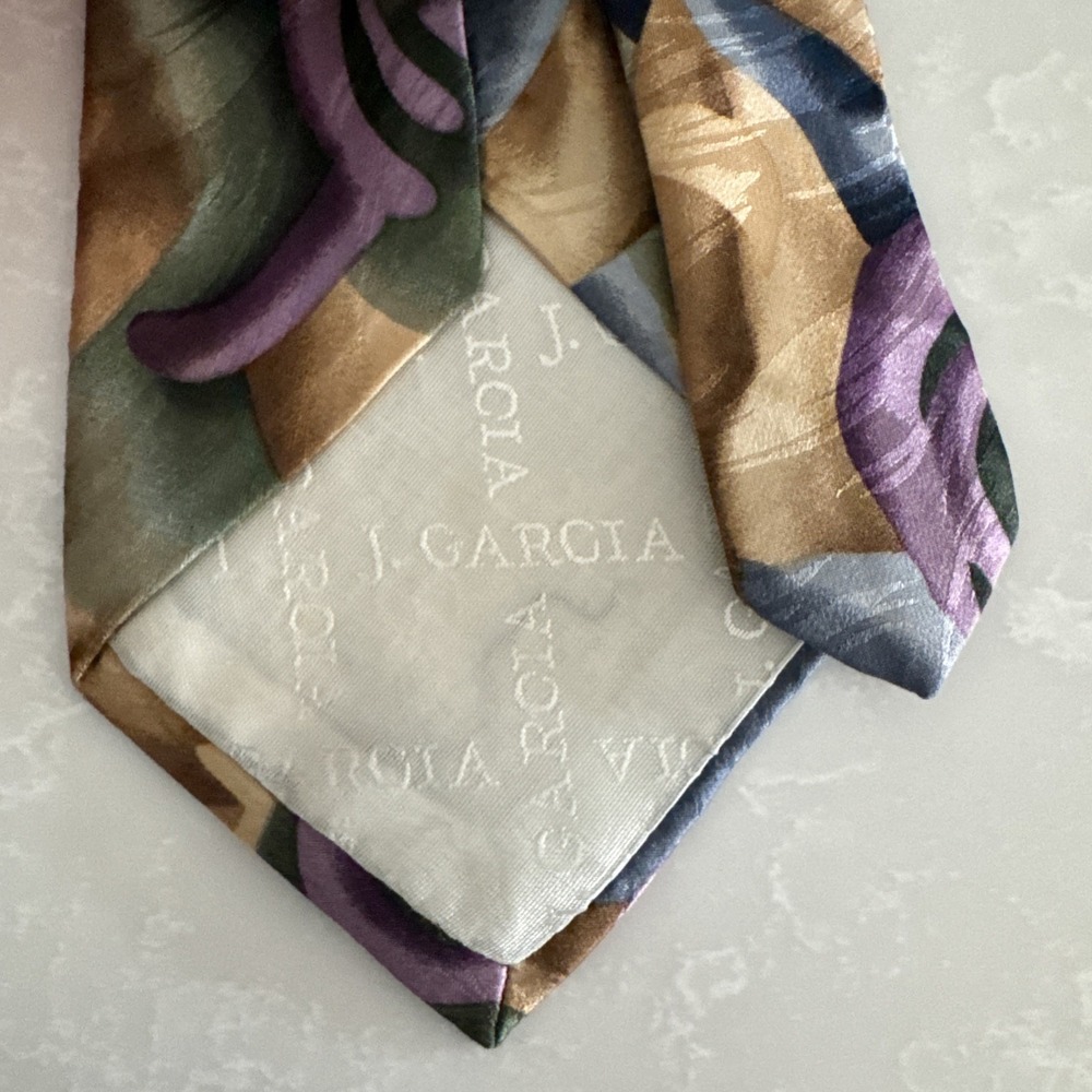 J. Garcia Men's Tie 100% Silks Abstract‎ Art  Green Gold Purple - Picture 4 of 6